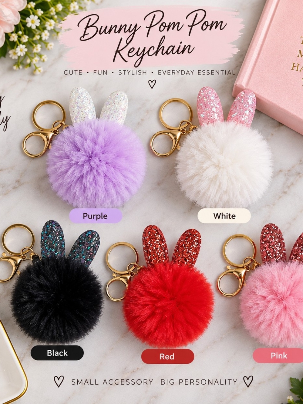 Bunny Pom Pom Keychain - Purple Faux Fur Pom with Glitter Ears